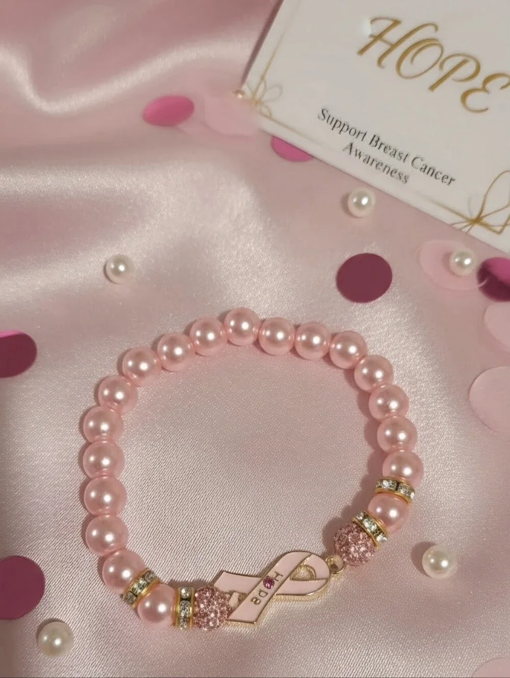 Pink Awareness Pearl Stretch Bracelet with Ribbon Charm